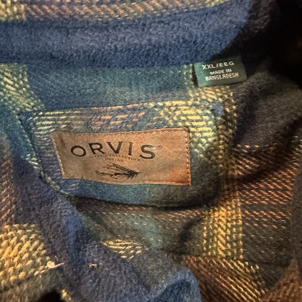 Orvis Plaid Flannel Shirt Mens Large Button Front Cotton Workwear Outdoors Patch - Picture 2 of 8